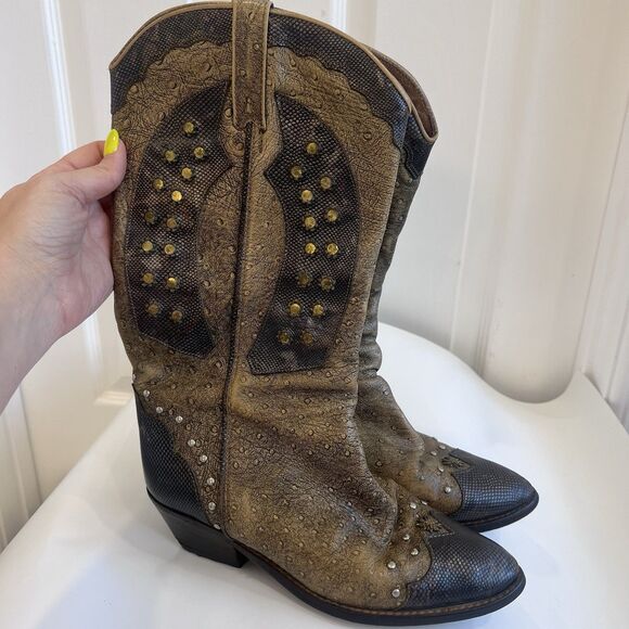 Vintage Buttero Italian Ostrich Leather Studded Cowgirl Boots Size EU 37.5 US 7 - Picture 1 of 12